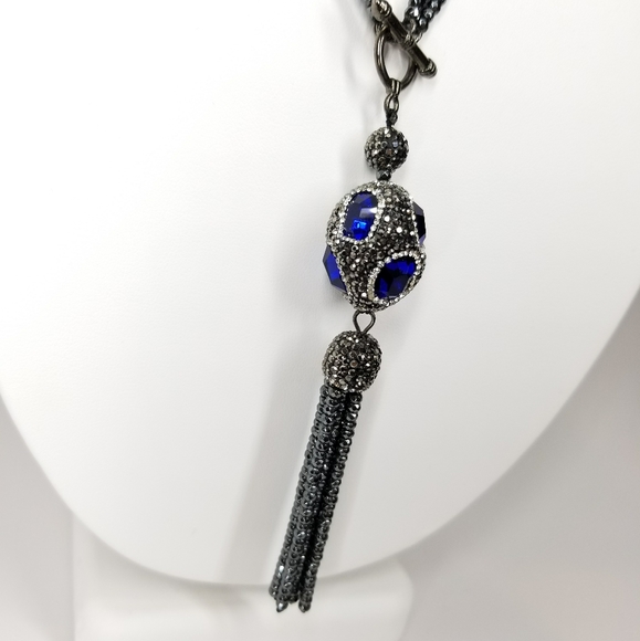 Blue Crystal Cat Eye Gem Hematite Tassel Choker NEW - Picture 6 of 12